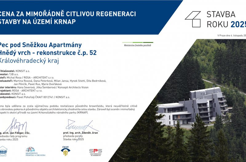 Cena za mimořádně citlivou regeneraci stavby na území KRNAP v soutěži Stavba roku 2025